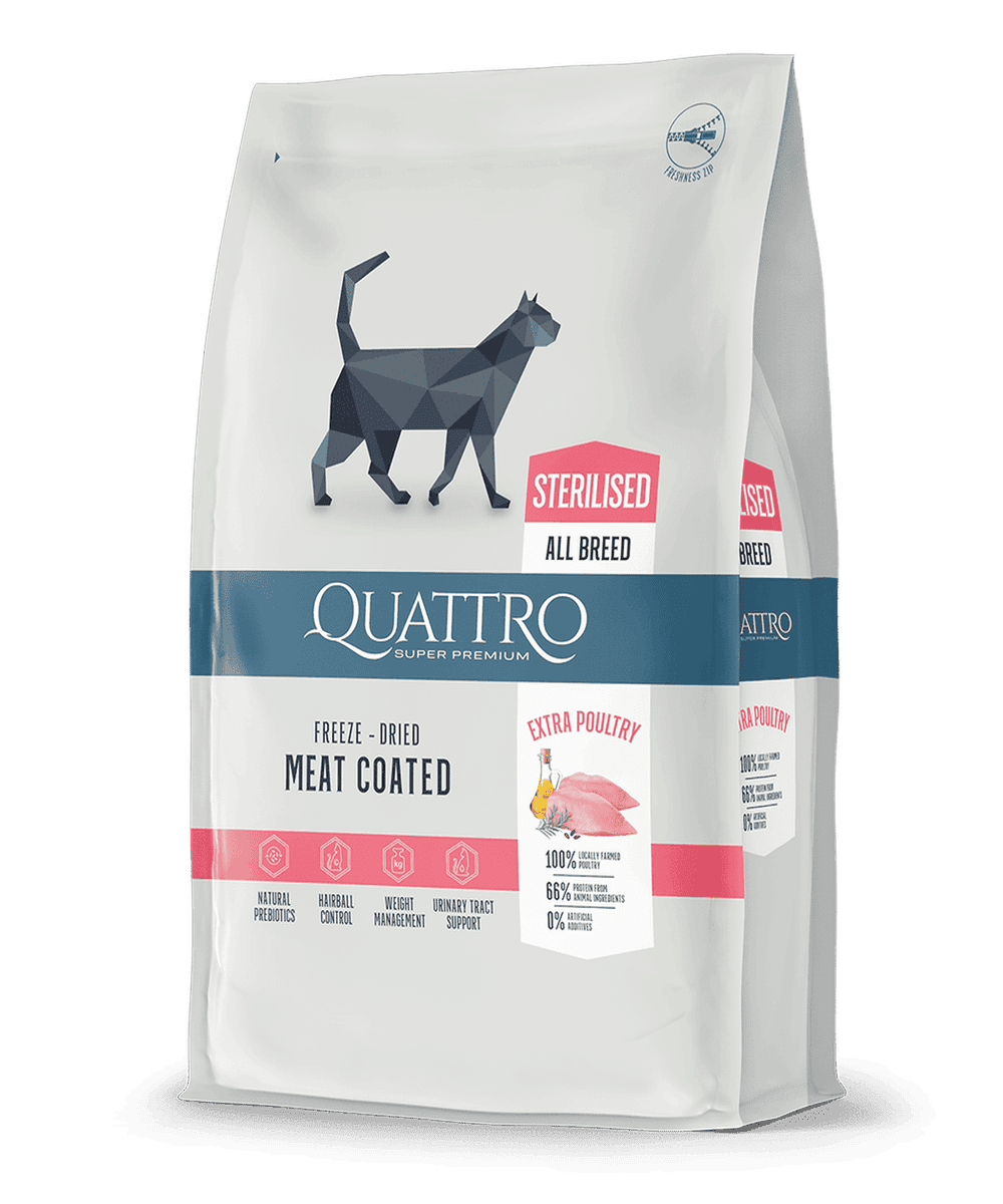 קוואטרו מזון סופר פרימיום עבור חתולים בוגרים מסורסים אקסטרא עוף 1.5 ק"ג