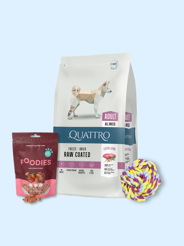 מארז לכלב בוגר מכל הגזעים – אקסטרה כבש 3 ק"ג + חטיף וצעצוע