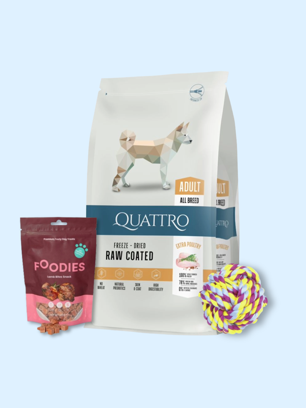 מארז לכלב בוגר מכל הגזעים – אקסטרה עוף 3 ק"ג + חטיף וצעצוע